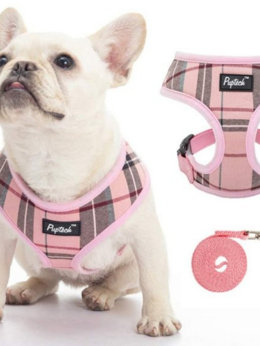 PUPTECK Pink Plaid Soft Mesh Dog Harness & Leash Set - Size M